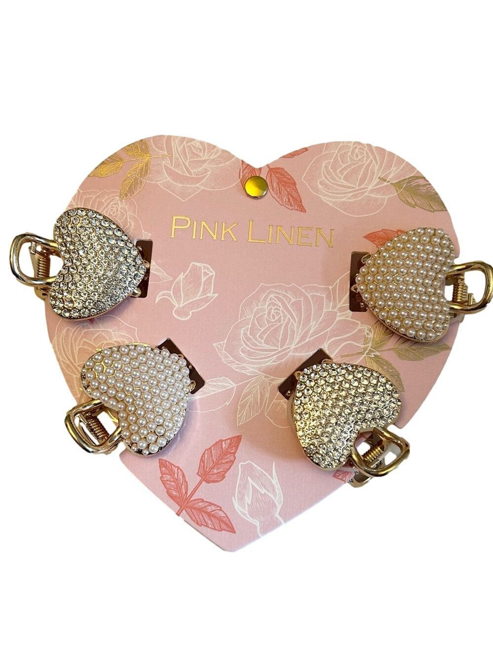 Pink Linen Heart Hair Clips NWT